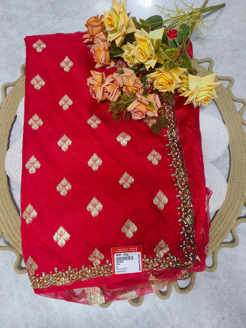 Classic Red Fancy Saree with Intricate Diamond-Style Buttis