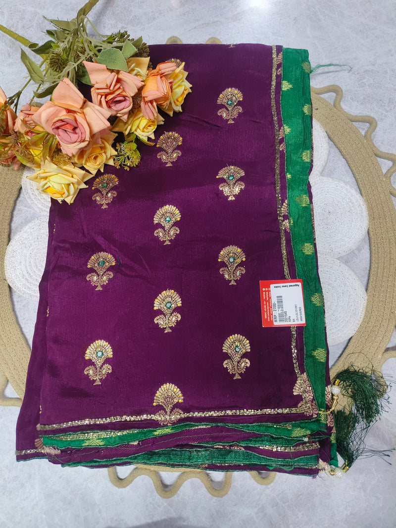 Royal Purple Saree with Floral Zari Bootas and Green Trim