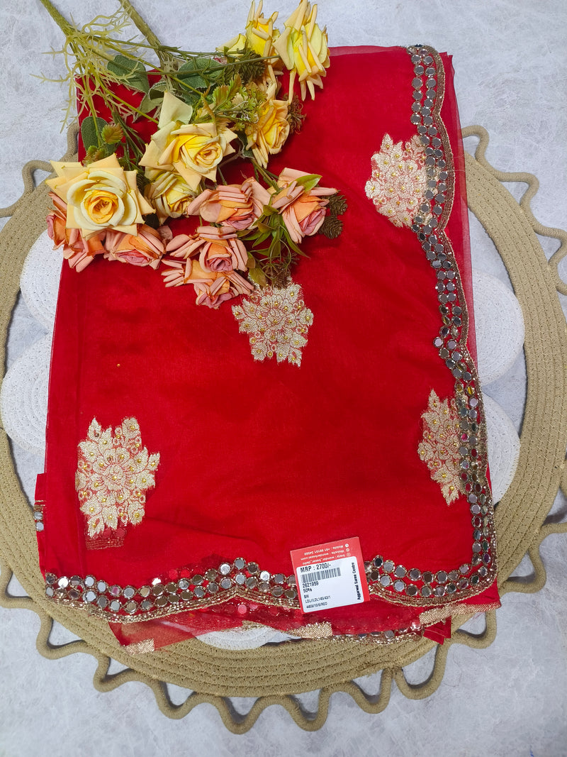 Vibrant Red Fancy Saree with Mirror-Work and Floral Appliques