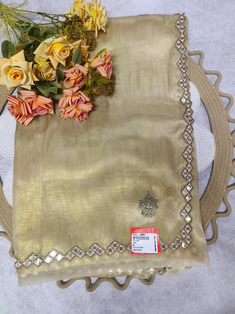 Golden Champagne Fancy Saree with Scalloped Mirror Border