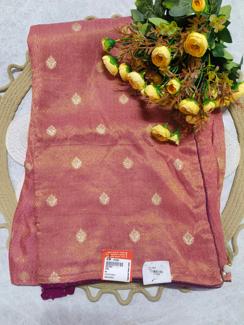 Opulent Rose Gold Fancy Saree with Golden Zari Weaving