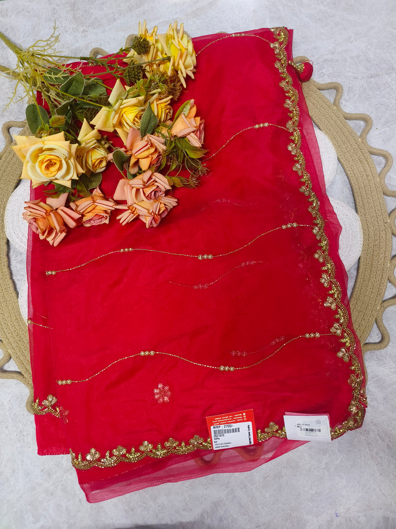 Vibrant Red Fancy Saree with Golden Zari Strings and Embellishments