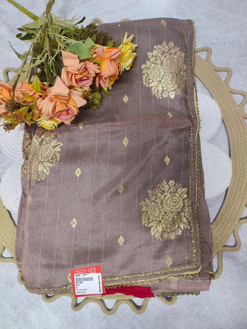 Elegant Mauve Fancy Saree with Intricate Golden Floral Zari Work