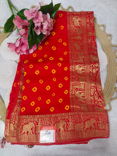 Stunning Red Bandhani-Style Fancy Saree with Golden Elephant Motif Border