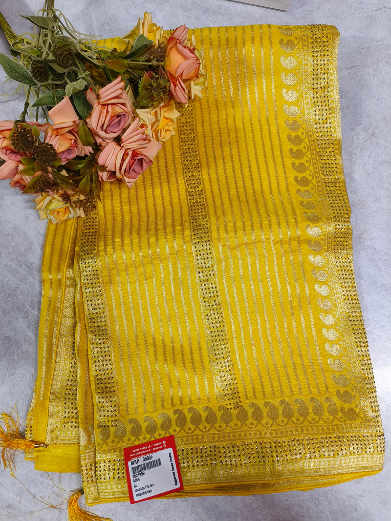 Radiant Golden Yellow Striped Zari Work Fancy Saree