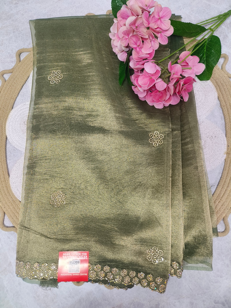 Chic Shimmering Olive Green Saree with Stone-Studded Border