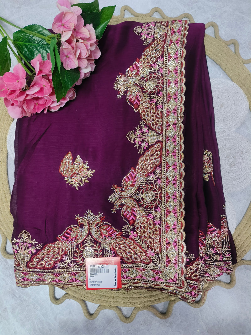 Ornate Deep Plum Embellished Saree with Intricate Border