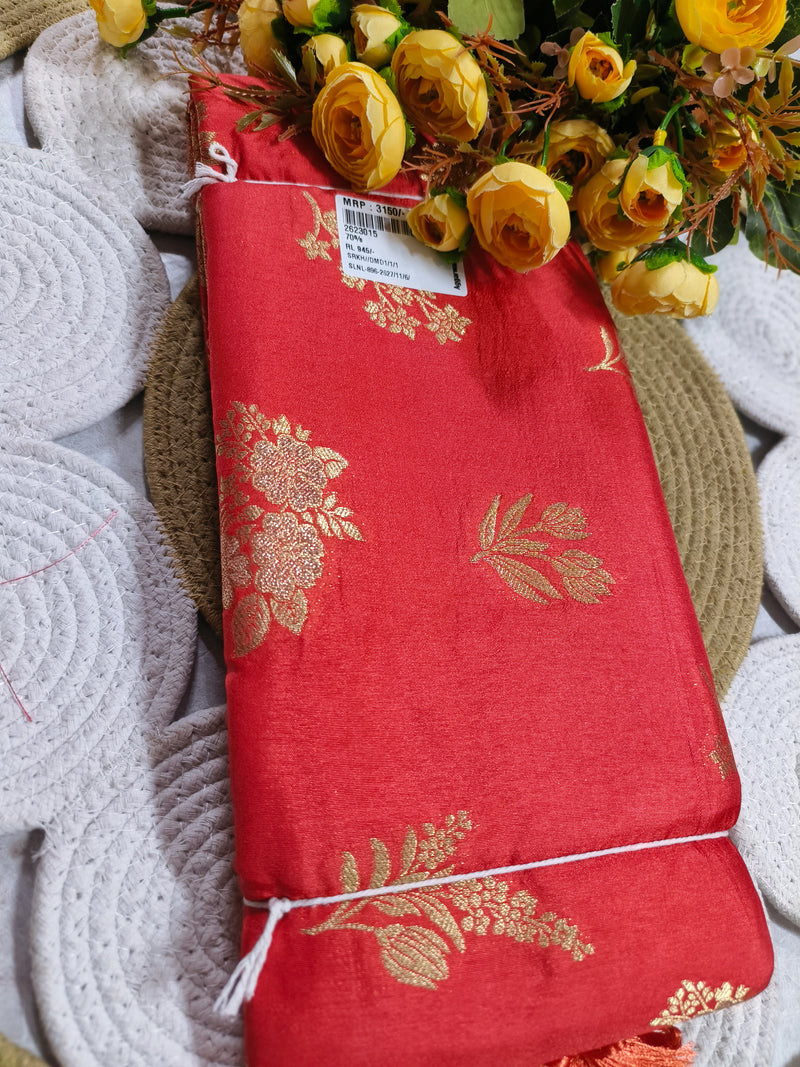 Classic Festive Red Silk Saree with Intricate Gold Floral Patterns