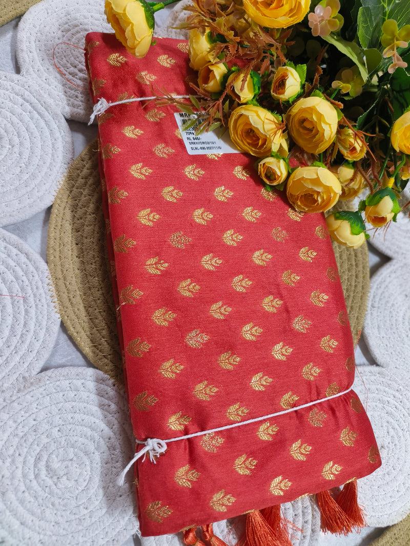 Bold Crimson Red Silk Saree with All-Over Gold Leaf Buttis