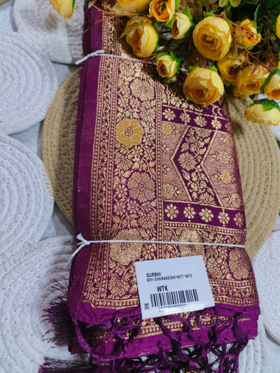 Sophisticated Plum Purple Silk-Feel Saree with Ornate Gold Zari