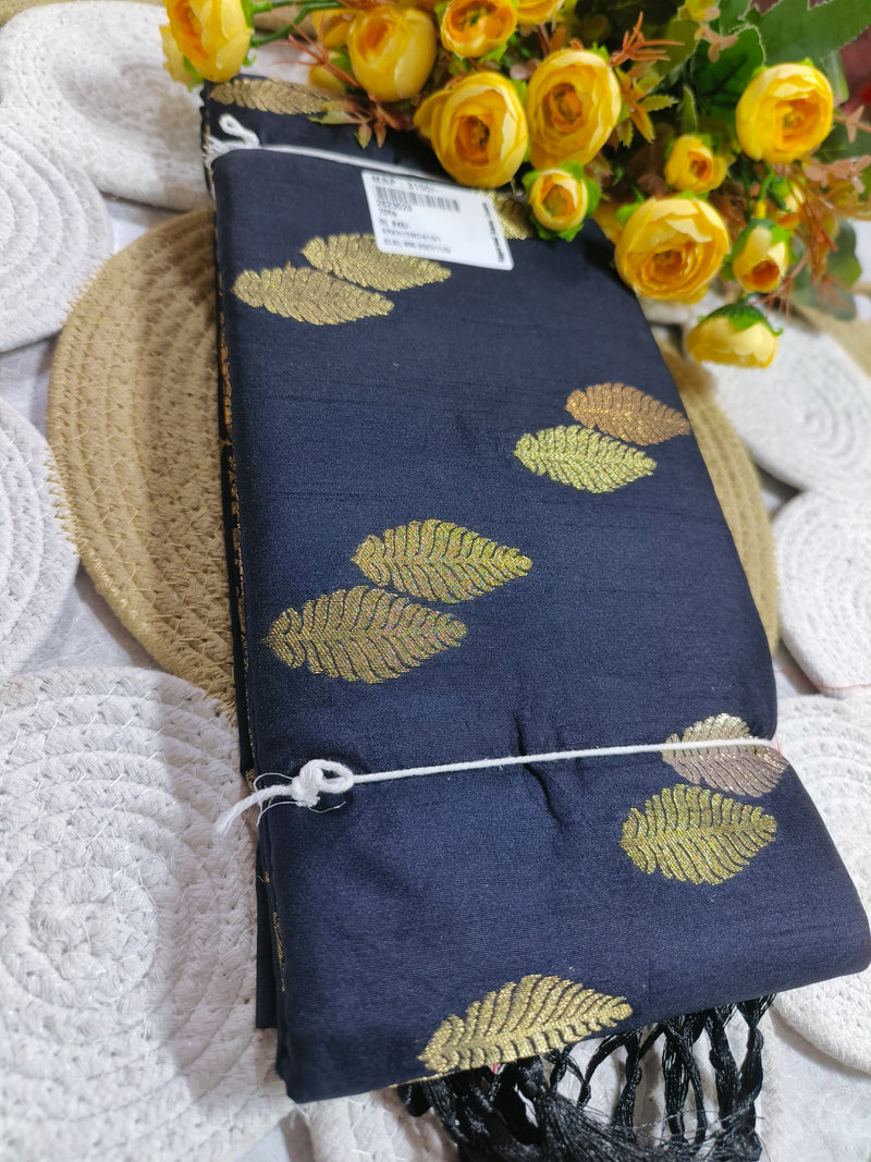 Chic Midnight Blue Ethnic Saree with Golden Leaf Accents