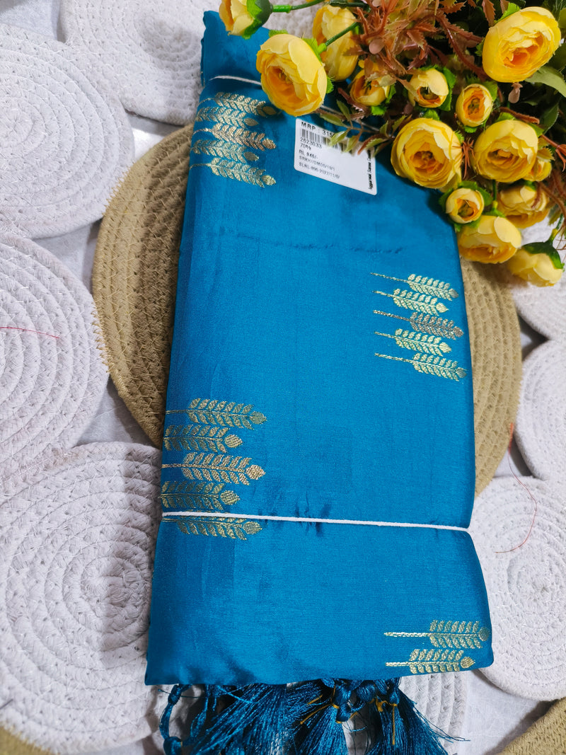 Graceful Teal Blue Fancy Saree with Delicate Gold Foliage