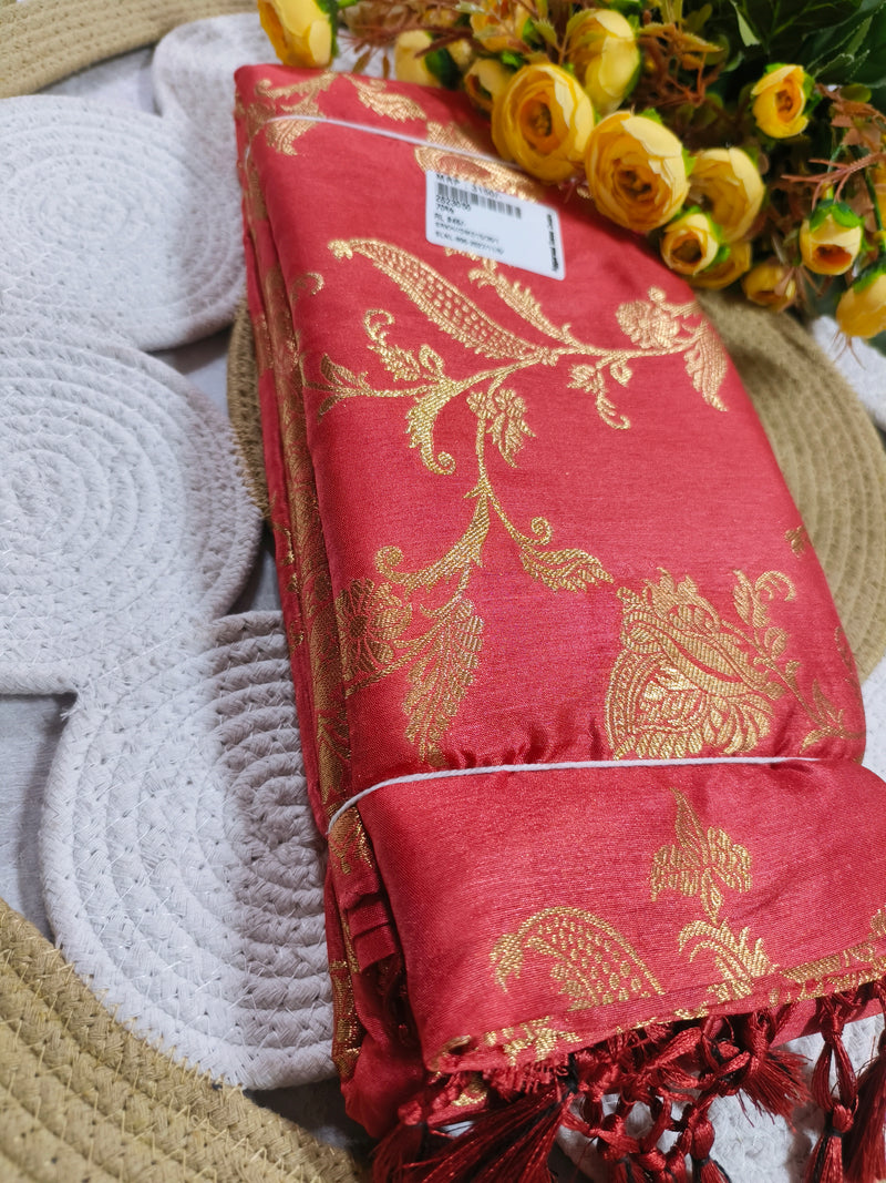 Stunning Crimson Red Traditional Saree with Rich Golden Floral Zari