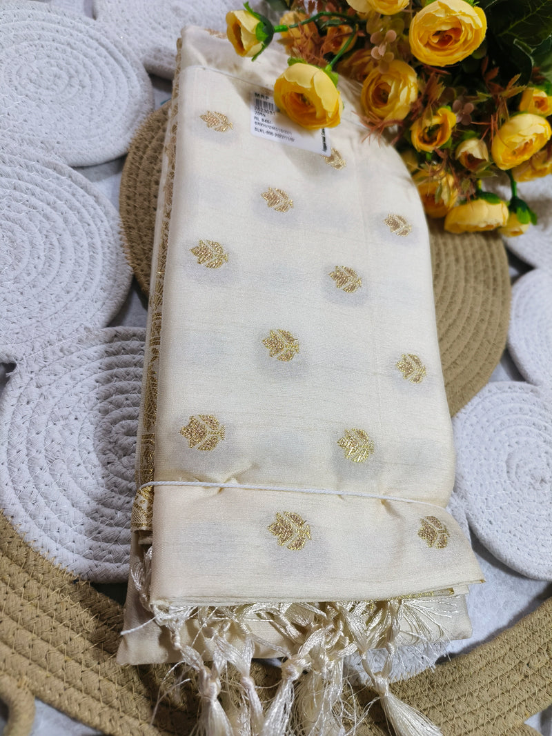 Graceful Beige and Gold Ethnic Saree with Delicate Zari Detail