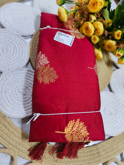 Vibrant Red Festive Saree with Golden Floral Motifs