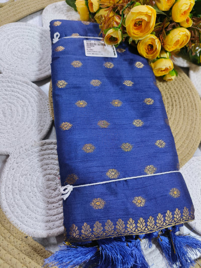 Royal Navy Blue Floral Brocade Saree with Exquisite Golden Border
