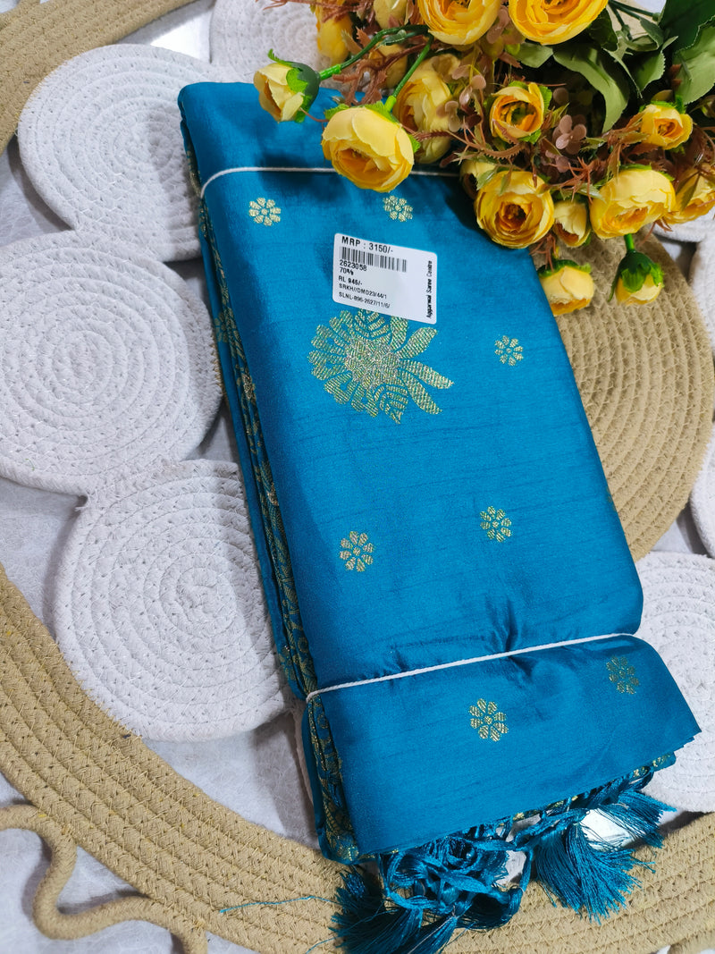 Vibrant Teal Blue Floral Festive Saree with Golden Zari Weave