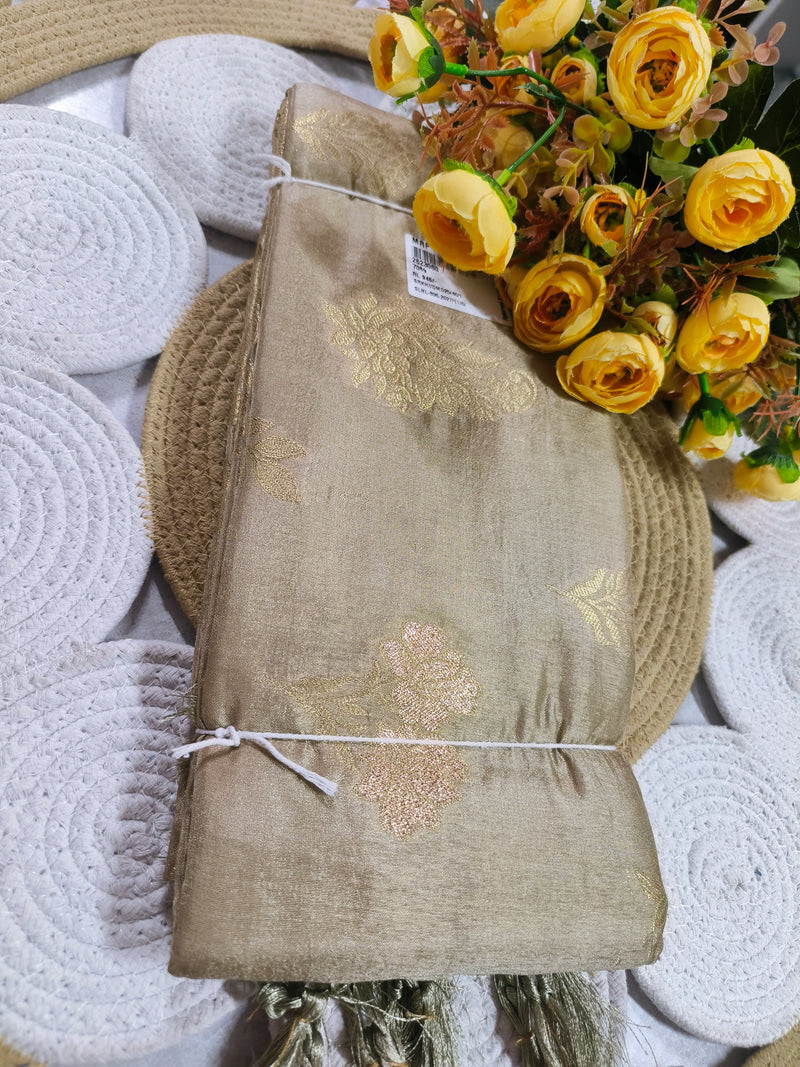 Elegant Champagne Gold Ethnic Saree with Floral Zari Embellishments