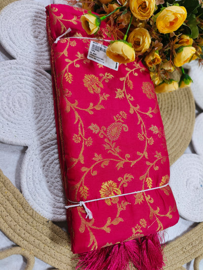 Vibrant Fuchsia Pink Floral Weave Saree with Traditional Gold Border