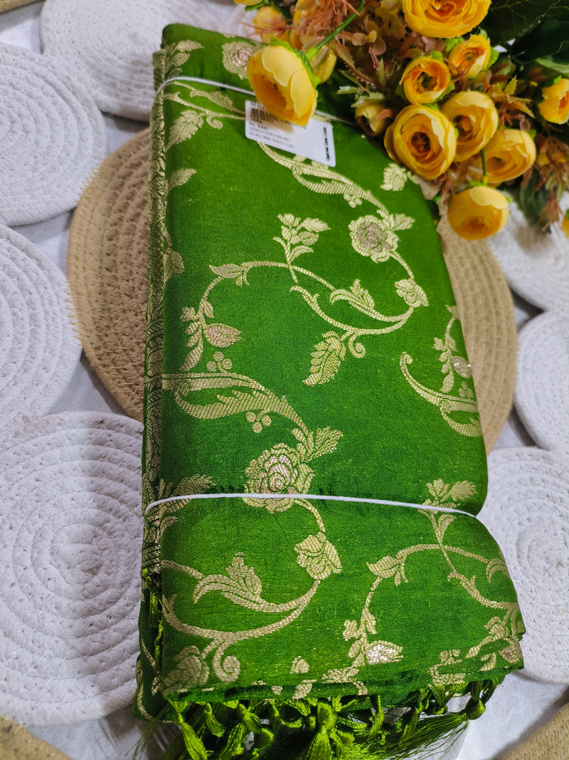 Elegant Grass Green Floral Zari Work Saree