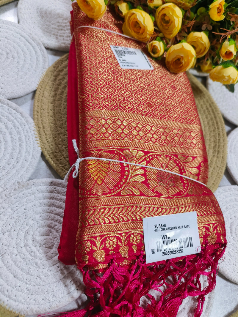 Opulent Crimson Gold-Patterned Festive Saree