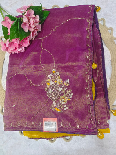 Elegant Deep Plum Shimmer Saree with Intricate Zari Work