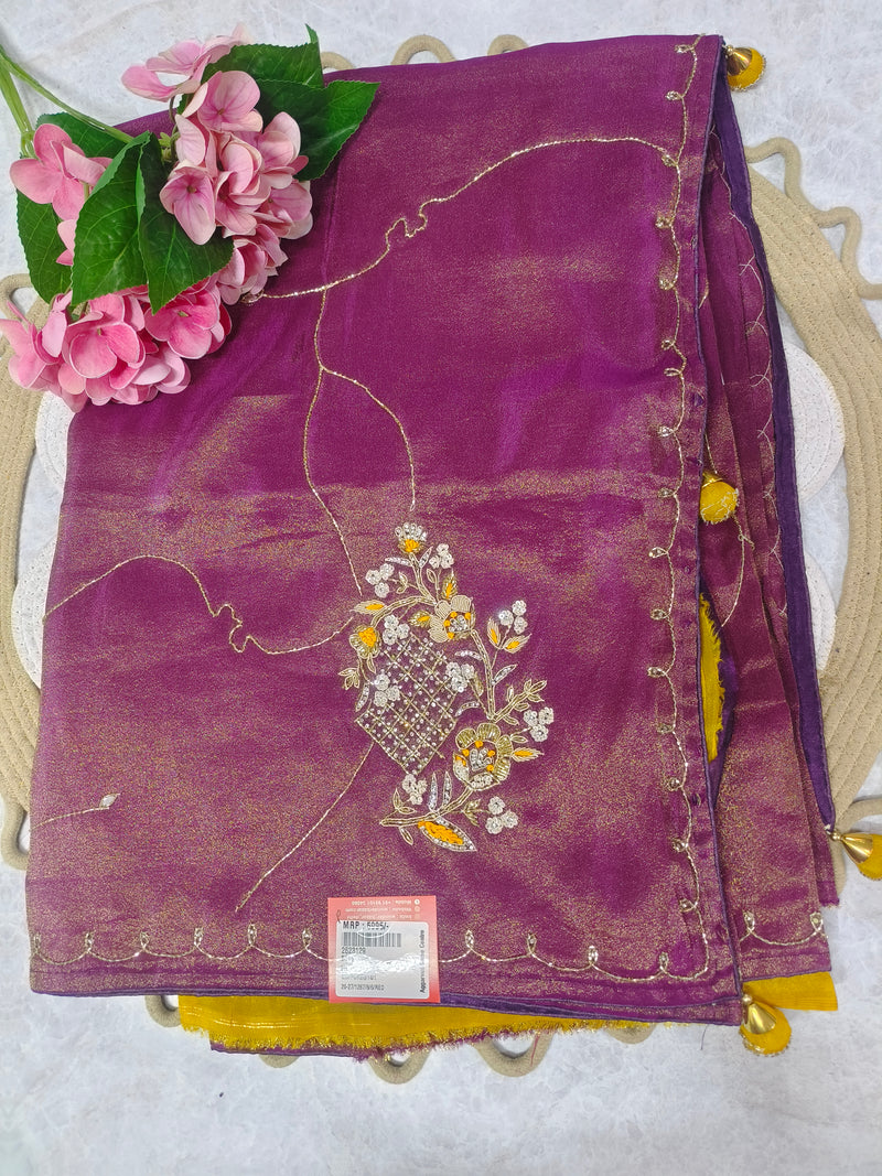 Elegant Deep Plum Shimmer Saree with Intricate Zari Work
