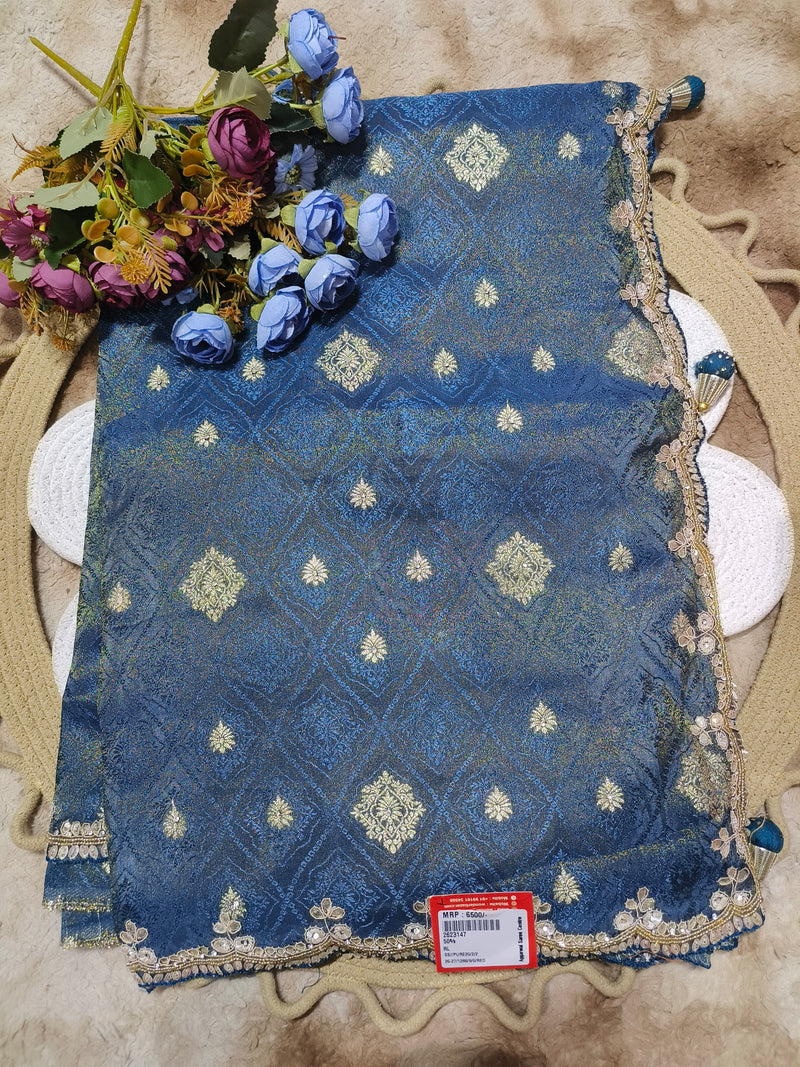 Royal Blue Shimmering Silk Saree with Traditional Motifs