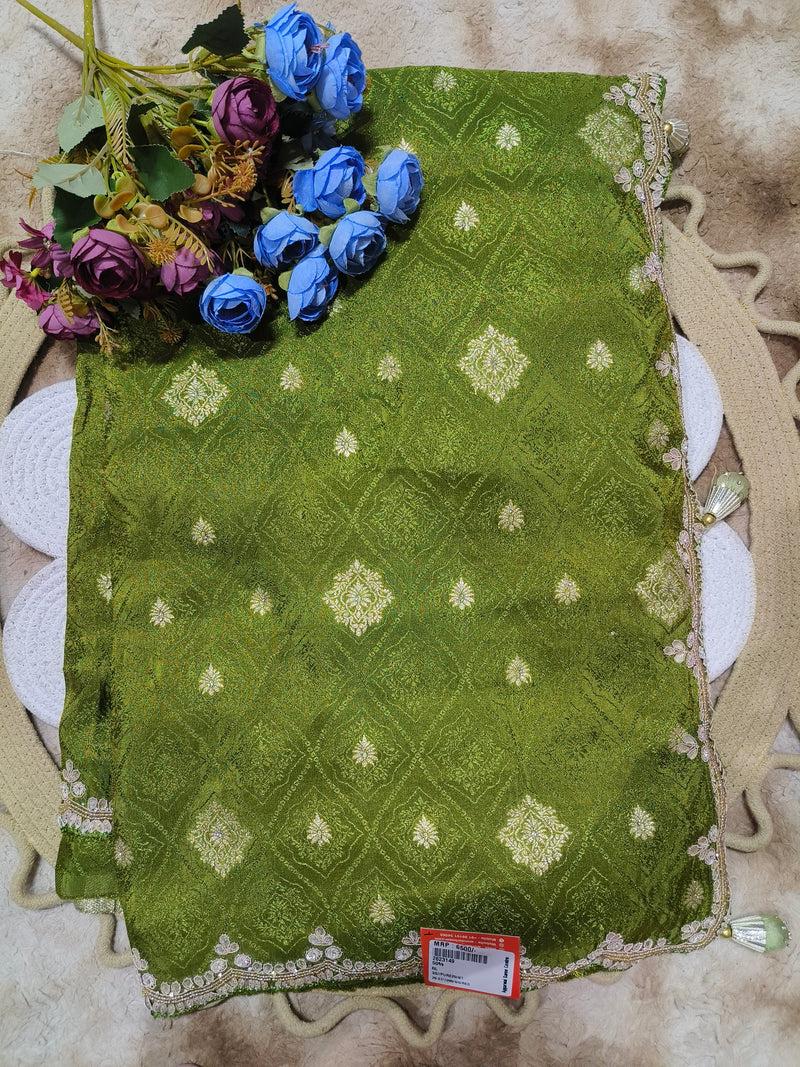Vibrant Olive Green Brocade Silk Saree with Gold Weaves