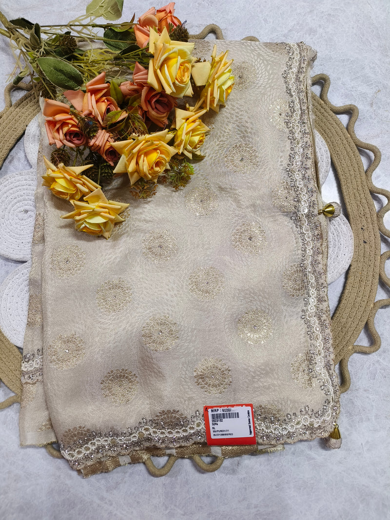 Ivory and Gold Embellished Saree with Pearl Border
