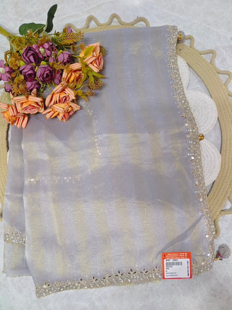 Elegant Silver-Grey Striped Fancy Saree with Sequin Border