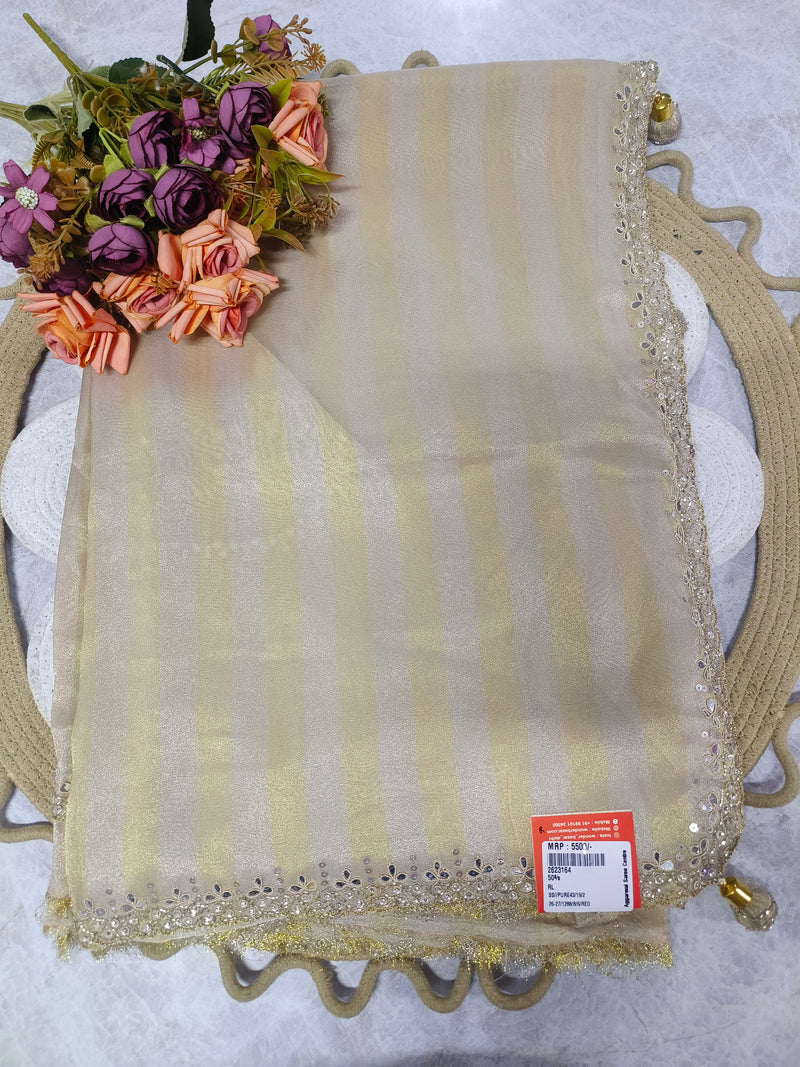 Graceful Beige and Gold Striped Fancy Saree with Sequin Trim