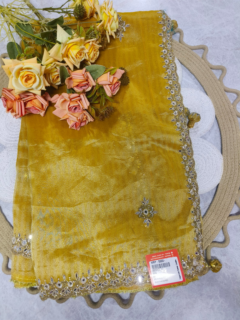 Radiant Mustard Yellow Fancy Saree with Mirror Embellishments