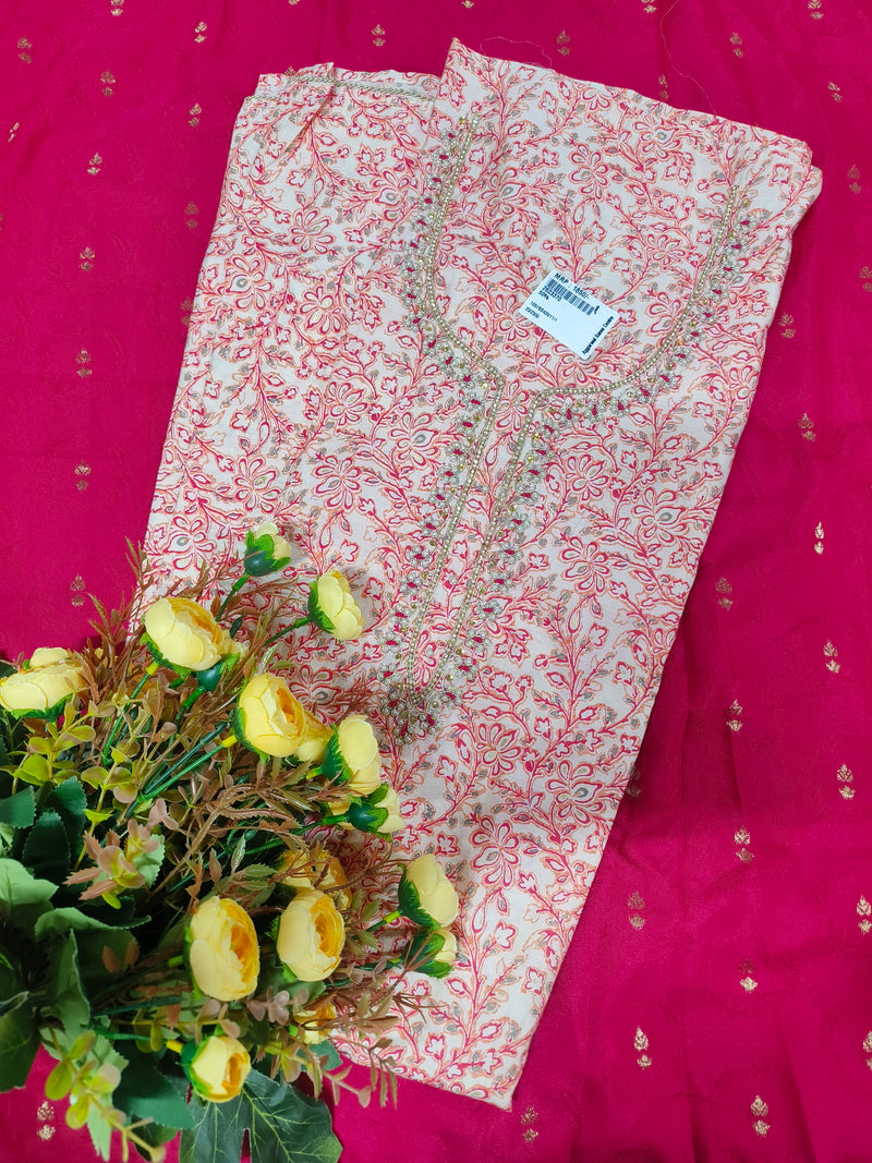 Elegant Cream & Red Floral Print Unstitched Suit