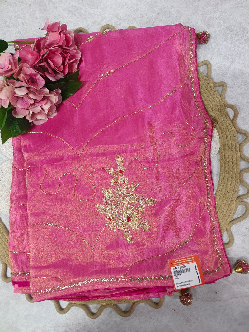Stunning Fuchsia Pink Tissue Saree with Golden Embroidery