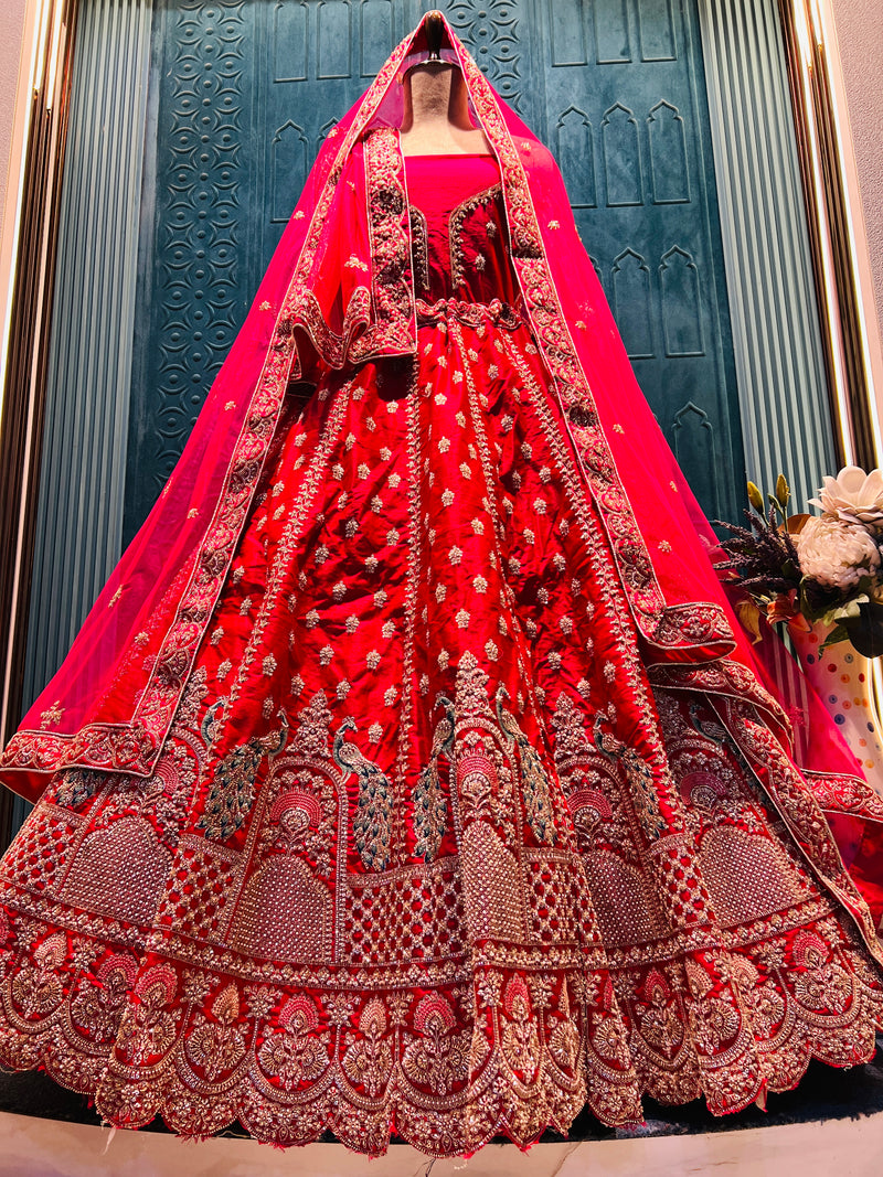 Regal Deep Red Bridal Lehenga with Peacock Motif Embroidery