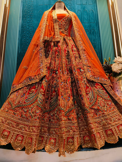 Opulent Sunset Orange Bridal Lehenga with Elaborate Paisley Work
