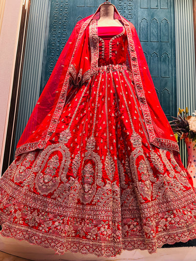 Radiant Scarlet Bridal Lehenga with Intricate Metallic Threadwork
