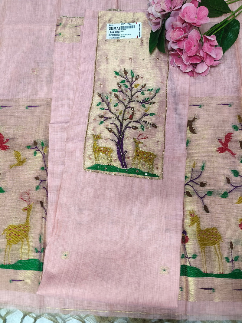 Chic Soft Pink Printed Suit Set with Nature-Inspired Embroidery