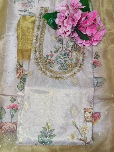 Elegant Floral Beige Silk Unstitched Salwar Suit Set