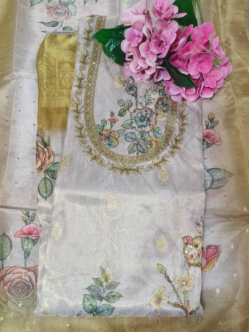 Elegant Floral Beige Silk Unstitched Salwar Suit Set