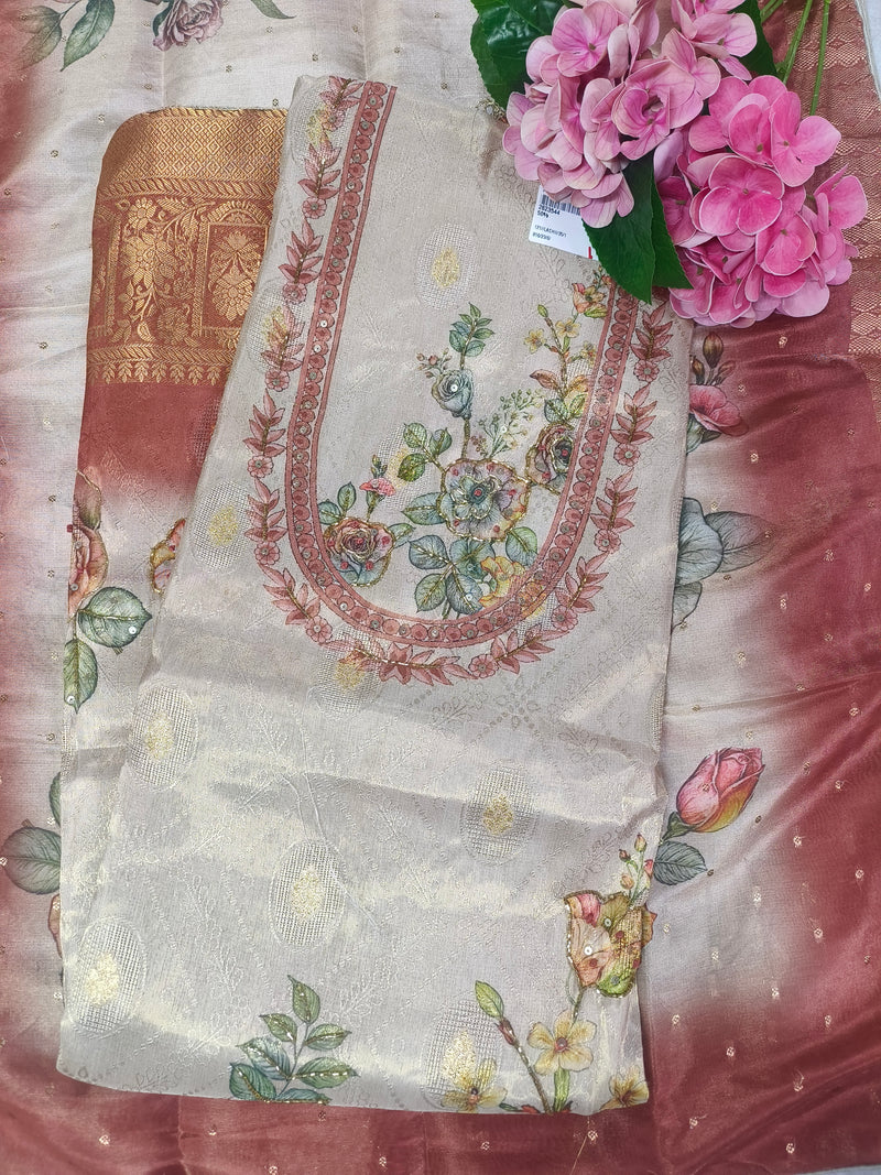 Elegant Floral Beige Silk Unstitched Salwar Suit Set