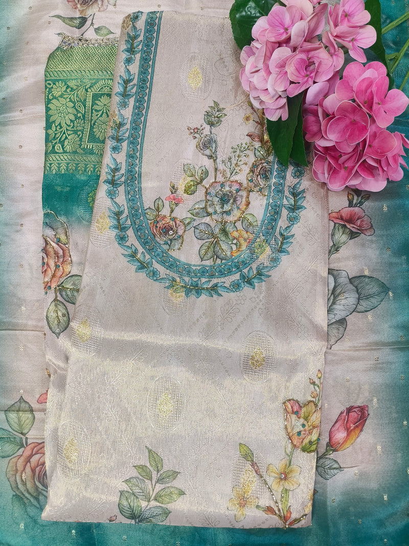 Elegant Cream Floral Embroidered Unstitched Suit Set
