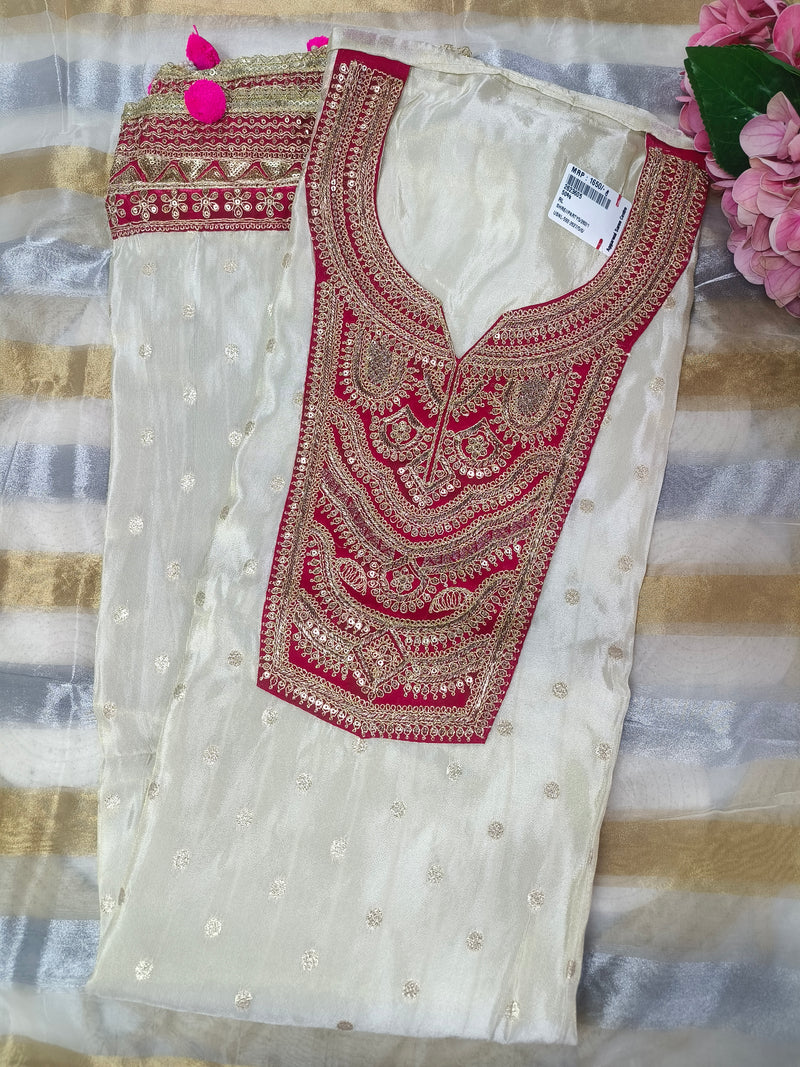 Red-Accent Embroidered Silk Unstitched Suit Set