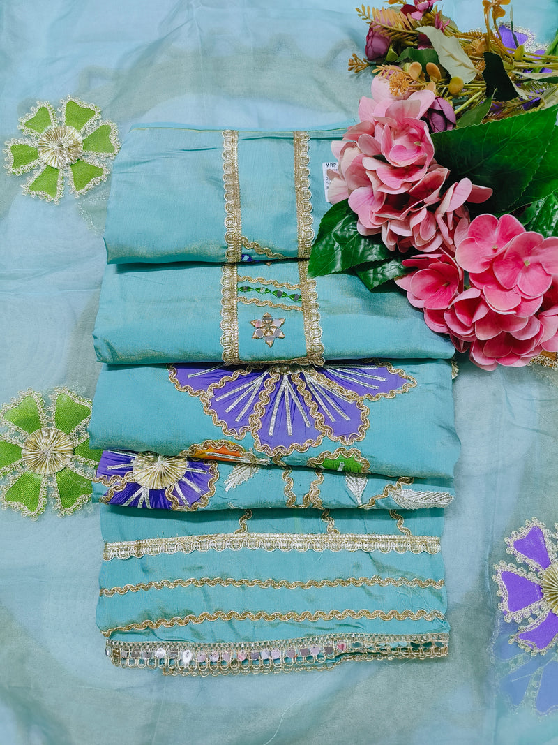 Elegant Aqua Blue Fancy Suit Set with Intricate Gold Lace Details