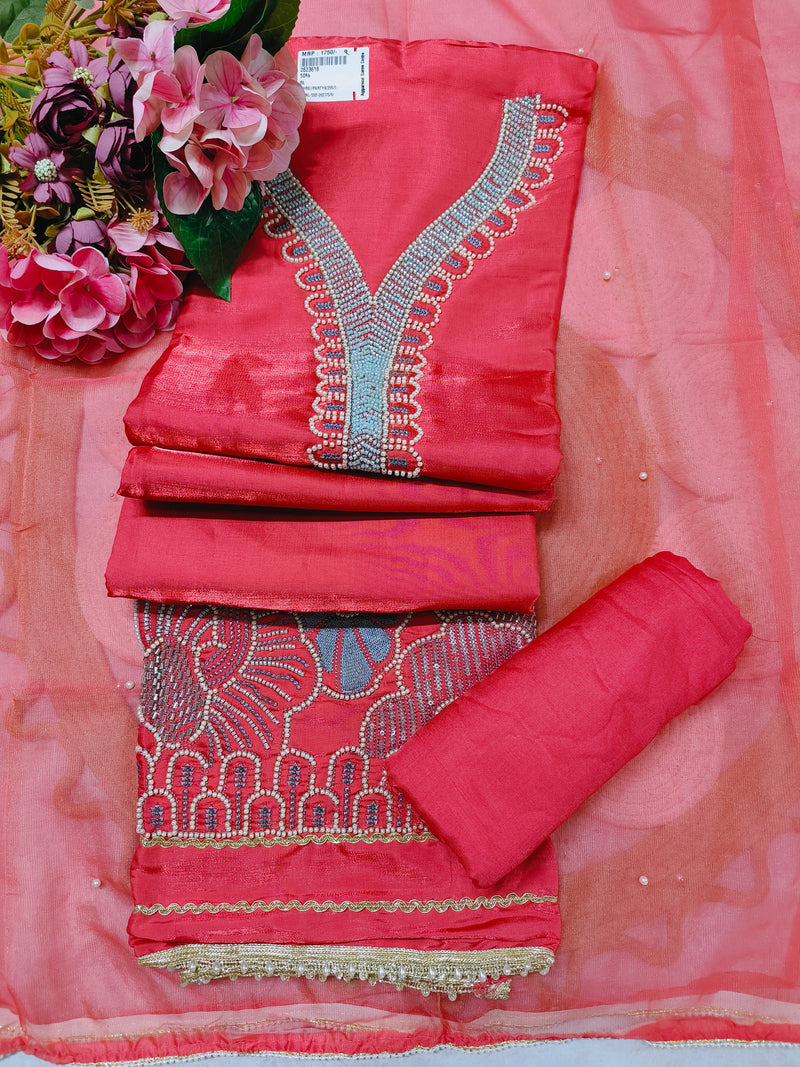 Radiant Crimson Fancy Ethnic Suit with Intricate Beaded Neckline