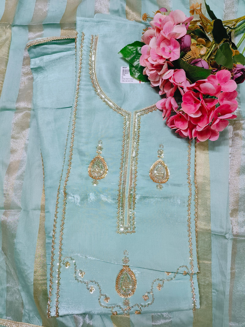 Shimmering Pastel Blue Designer Suit with Golden Zari Accents
