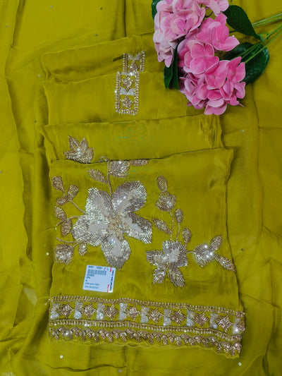 Radiant Olive Green Floral Sequin Silk Suit