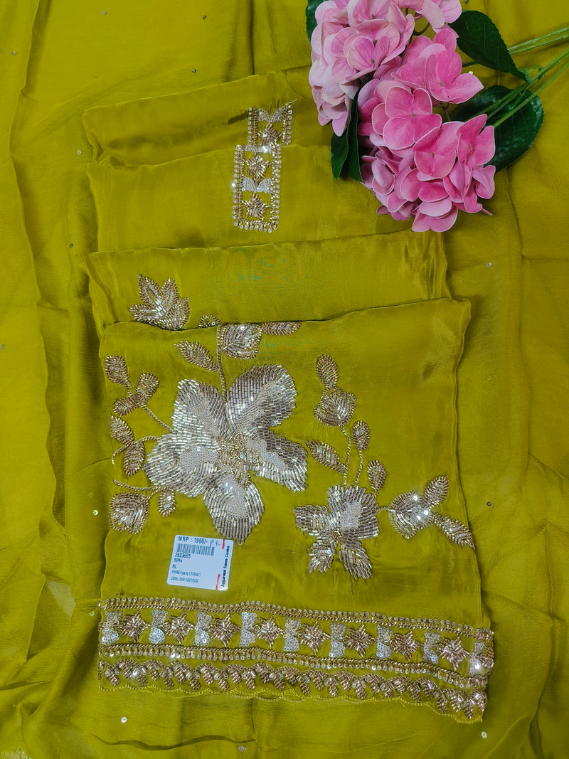 Radiant Olive Green Floral Sequin Silk Suit