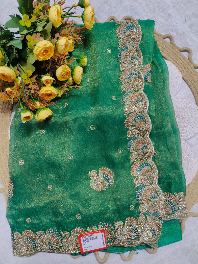 Radiant Emerald Green Designer Saree with Zari & Stone Work
